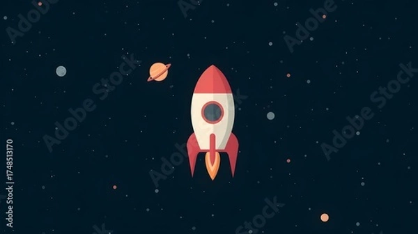 Fototapeta Illustration of a rocket in space concept. Flat illustration of a rocket in space with clouds, stars and planets