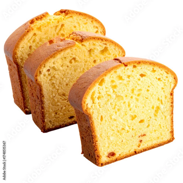 Fototapeta Sliced golden bread showcasing airy texture, with visible fruit pieces. Isolated on black