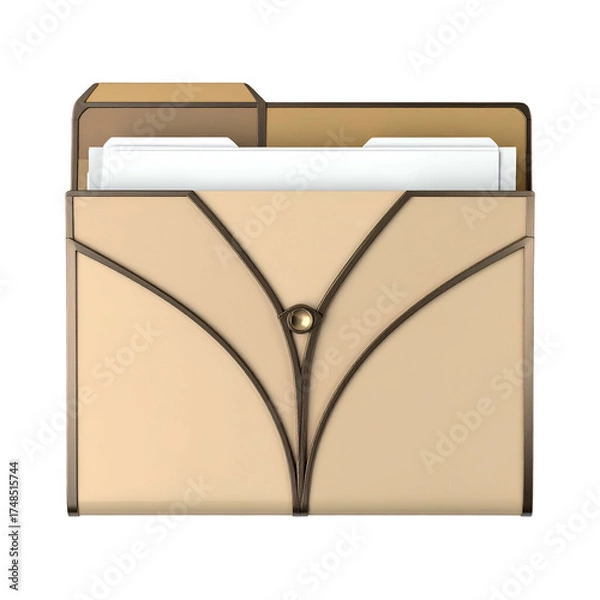 Fototapeta A stylized, beige and gold file folder is open, revealing white papers inside
