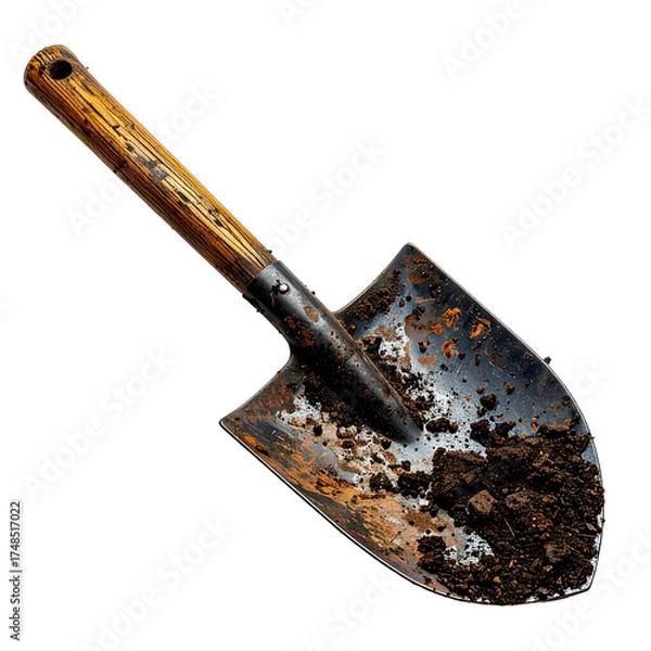 Fototapeta A used shovel with a wooden handle rests on a black backdrop with dirt on the shovel head