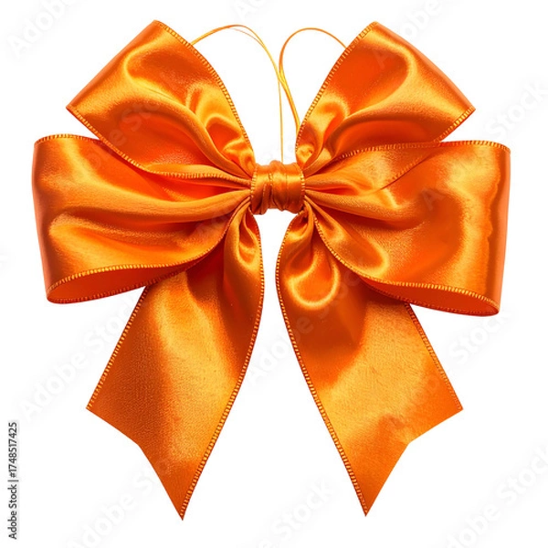 Fototapeta Close-up shot of a shiny orange bow with loops, knots, and flowing ends, against black