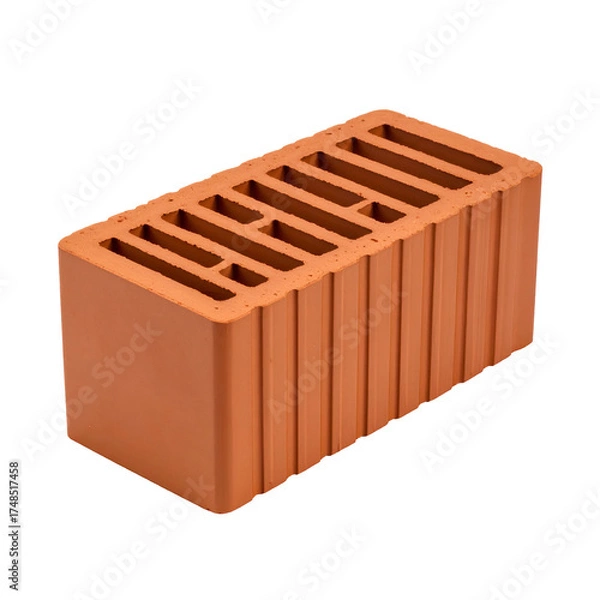 Fototapeta A single red-orange brick, perforated with rectangular holes, isolated on a black background