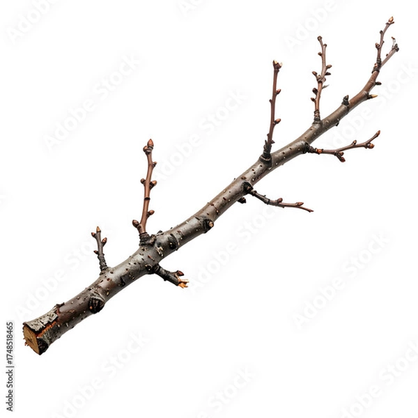 Fototapeta A detailed image of a brown, cut tree branch with multiple smaller twigs extending from it, isolated