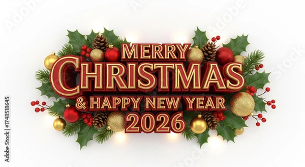 Fototapeta Elegant Merry Christmas and Happy New Year 2026 greeting with festive red and gold decorations on a white background