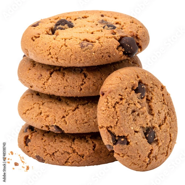 Fototapeta Close-up of five chocolate chip cookies stacked, with one separate, on a transparent background