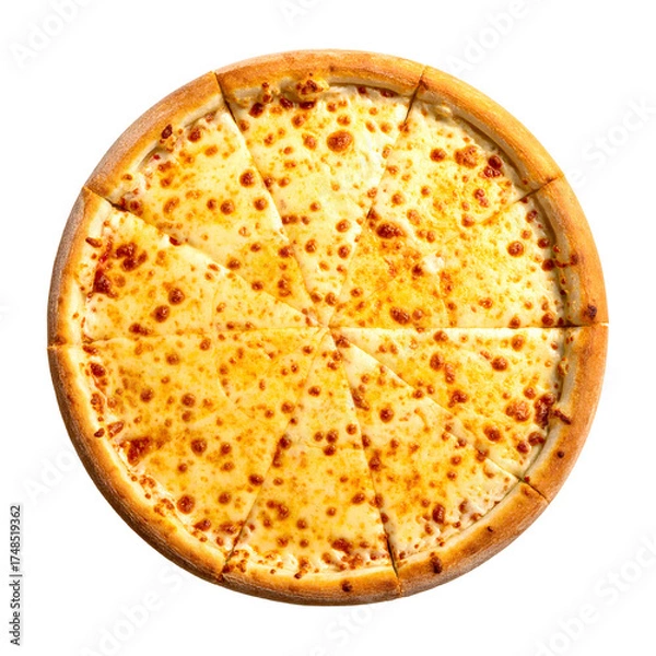 Fototapeta Overhead shot of a freshly baked pizza, sliced into eight, with melted, golden cheese