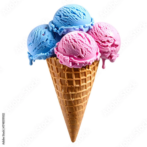 Obraz A colorful ice cream cone with four scoops, two blue and two pink, on a dark background