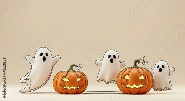 Obraz Spooky season friends a gathering of playful Ghosts and bright Jack o' Lanterns prepare for Halloween night