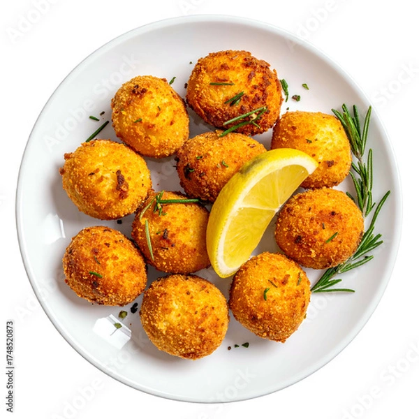 Fototapeta Overhead shot of a white plate with golden, fried food balls, lemon wedge and herbs