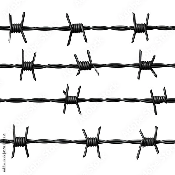 Fototapeta Close-up view of four parallel barbed wire strands against a stark black background