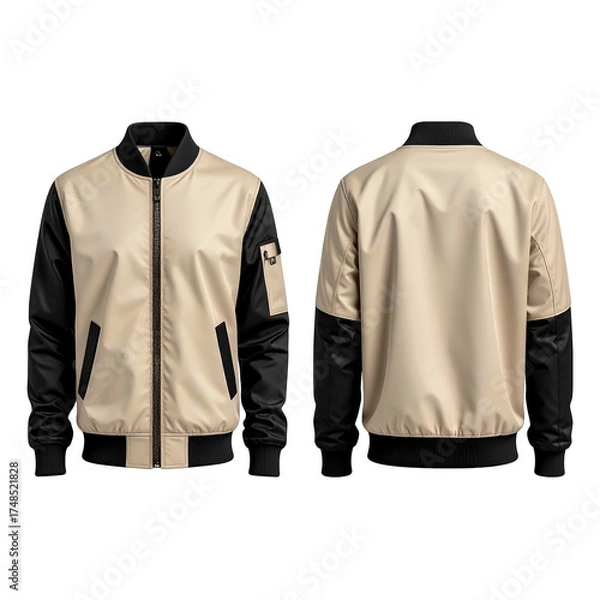 Fototapeta Front and back view of a tan and black bomber jacket against a black background