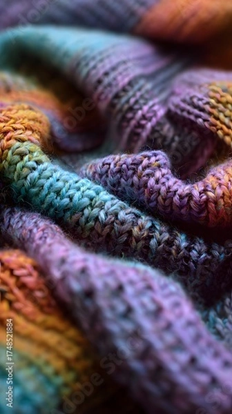 Fototapeta kneat sweater texture close up. Knitted woolen sweaters. Close-up. Selective focus. Multicolored wool yarn background. Close-up of knitting wool texture