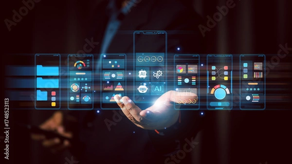 Fototapeta UX UI designer using AI technology for digital interface, app, and web development. Concept of artificial intelligence, creative design, and modern innovation in digital technology.