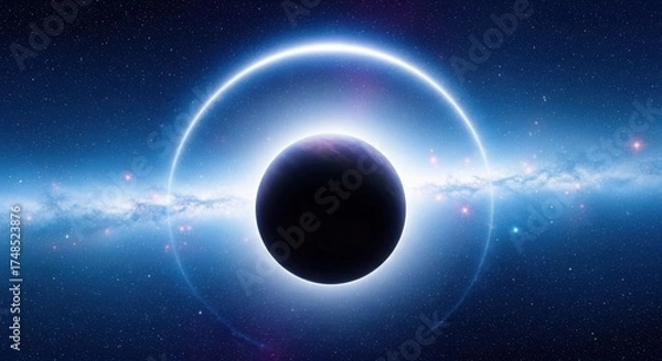 Fototapeta A dark planet surrounded by a glowing ring in deep space