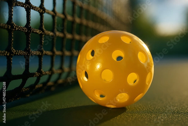 Fototapeta Yellow Pickleball on Court Next to Net at Sunset