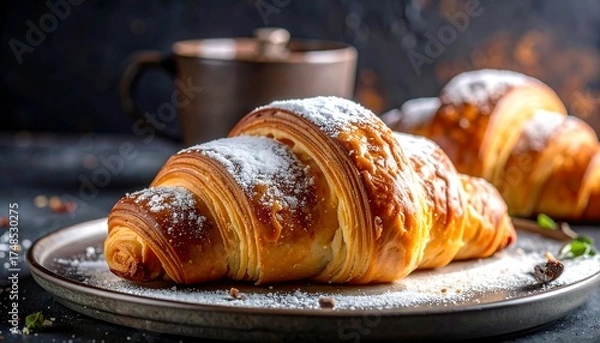 Fototapeta Two sugared croissants on a dark plate, with a dark mug in the background