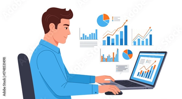 Fototapeta Man working on a laptop with data charts displayed on the screen.