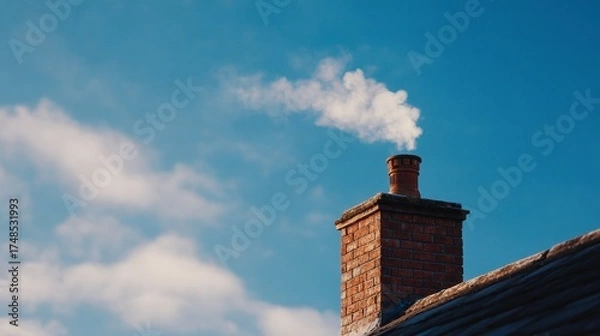 Fototapeta Brick chimney with smoke against blue sky and clouds