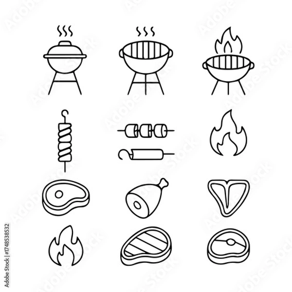 Obraz Minimalist BBQ Icons – Grill, Skewers, Steak, Flame, and Meat Cuts in Black Line Style