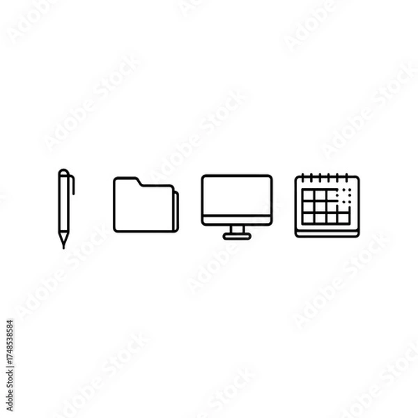 Obraz Minimalist Office Icons – Pen, Folder, Monitor, and Calendar in Black Line Style