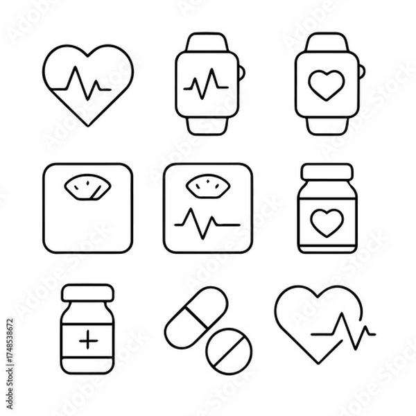 Obraz Minimalist Health and Fitness Icons – Heartbeat, Smartwatch, Scale, Medicine, and Pills