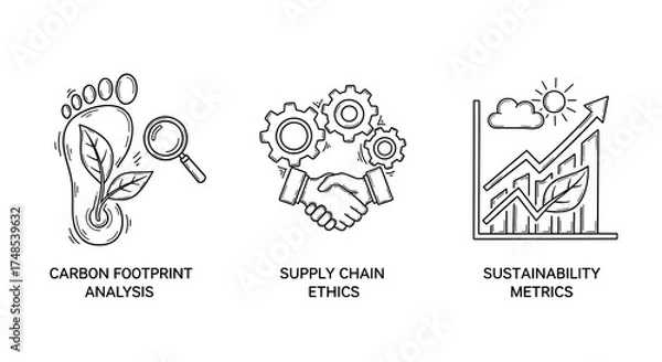 Fototapeta Sustainable Business Icons Carbon Footprint Analysis Supply Chain Ethics Metrics Implementation