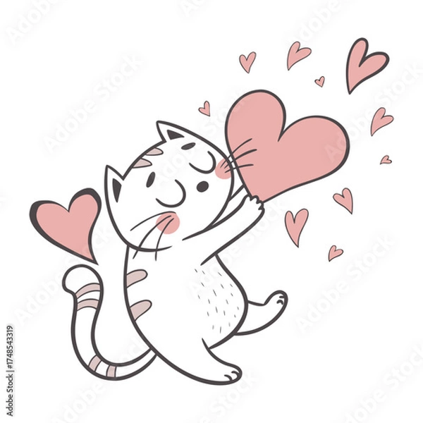 Obraz Adorable kitten hugging a large heart surrounded by smaller hearts