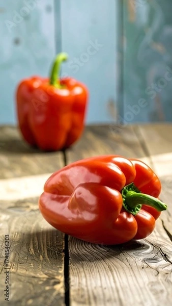 Fototapeta Two vibrant red bell peppers resting on a rustic wooden surface, with a blurred teal-toned background