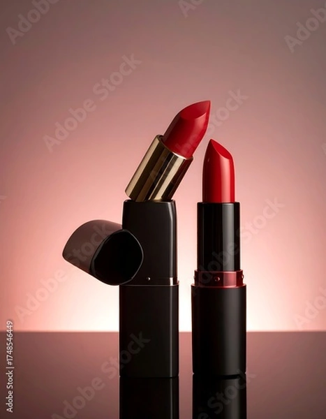 Fototapeta Two vibrant red lipsticks, angled, against a soft mauve background.  Glossy, modern packaging