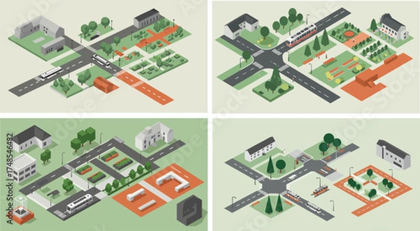 Fototapeta Isometric illustrations showcase urban planning with green spaces and infrastructure