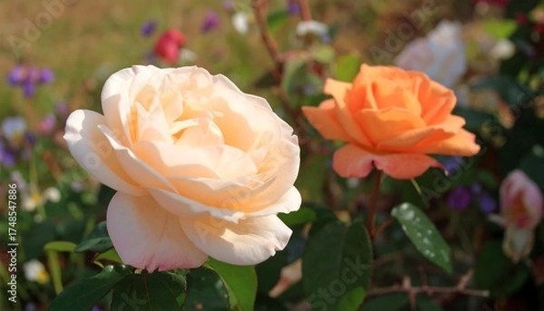 Fototapeta Two vibrant roses in a garden setting
