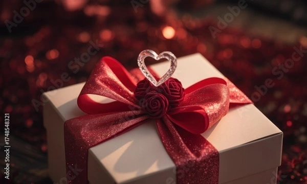 Fototapeta A pristine box adorned with a red ribbon, rose accents, and a clear heart, on a shimmering surface
