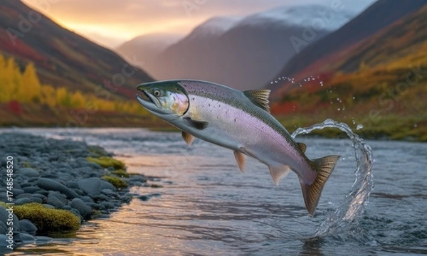 Fototapeta A salmon leaps from a river, water splashing, against an autumn mountain backdrop at dawn