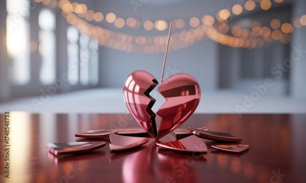 Fototapeta A shattered metallic heart impaled by a needle on a reflective surface, blurred background