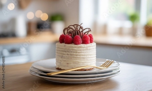 Fototapeta A small, round cake with raspberries and chocolate curls, placed on a stack of white plates