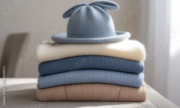 Fototapeta A stack of folded sweaters in varying pastel shades with a matching hat on top