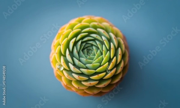 Fototapeta A succulent plant's perfect spiral, top-down view, with water droplet against a teal backdrop
