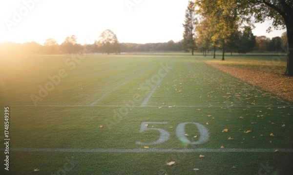 Fototapeta A sunlit, empty sports field, focus on the 50-yard line with tree-lined edges
