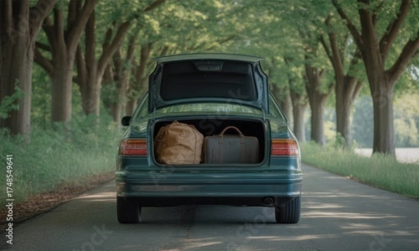 Fototapeta A teal car with an open trunk reveals two packed bags, on a tree-lined road