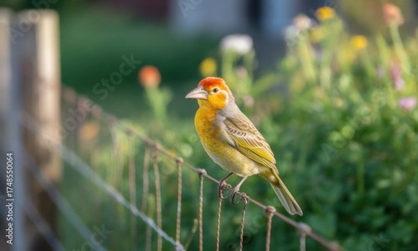 Fototapeta A vibrantly colored bird perches on a wire fence, blurred flowers and greenery in the background