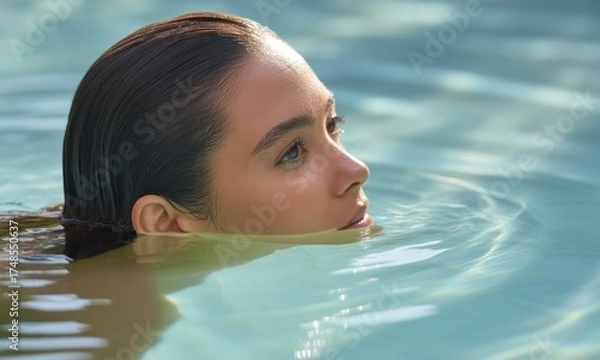Fototapeta A woman?s face emerges from clear water, bathed in soft light, side profile