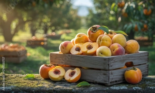 Fototapeta A wooden crate overflowing with ripe peaches and persimmons, orchard backdrop