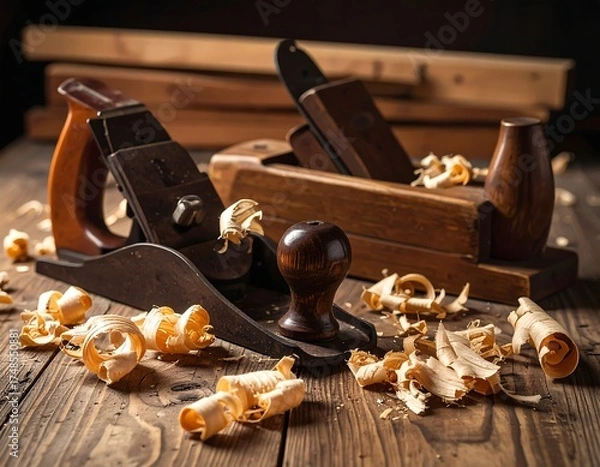 Fototapeta Two vintage woodworking planes on a rustic wooden workbench