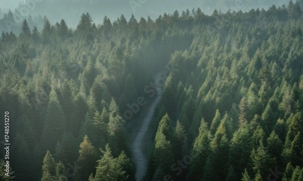 Fototapeta An aerial view of a dense forest with a winding path disappearing into the distance