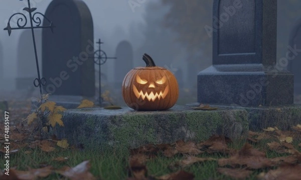Fototapeta An illuminated jack-o'-lantern sits atop a mossy tombstone in a foggy, spooky graveyard