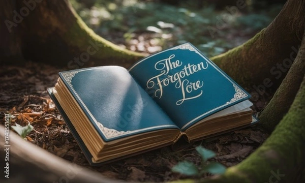 Fototapeta An open book d "The Forgotten Lore" rests on forest floor, illuminated by soft sunlight