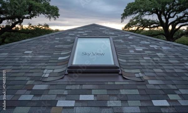 Fototapeta Angled roof with skylight, textured shingles. Trees frame the cloudy sky at dusk
