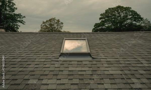 Fototapeta Angled shot of a rooftop with a skylight, overcast sky above, trees visible
