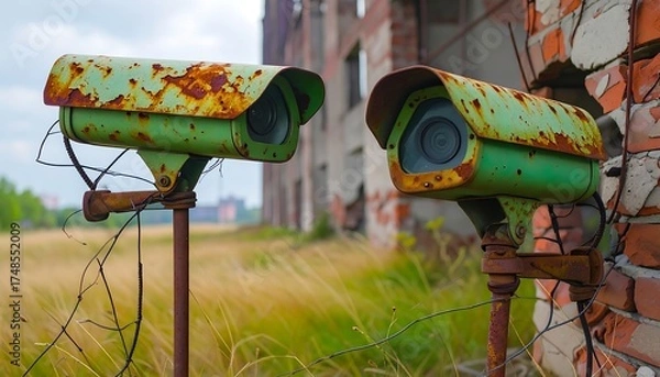Fototapeta Two weathered surveillance cameras mounted on rusty poles in a field next to a crumbling brick wall