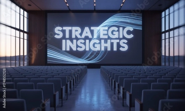 Fototapeta Auditorium scene with "Strategic Insights" on screen, rows of seats, window view at dusk